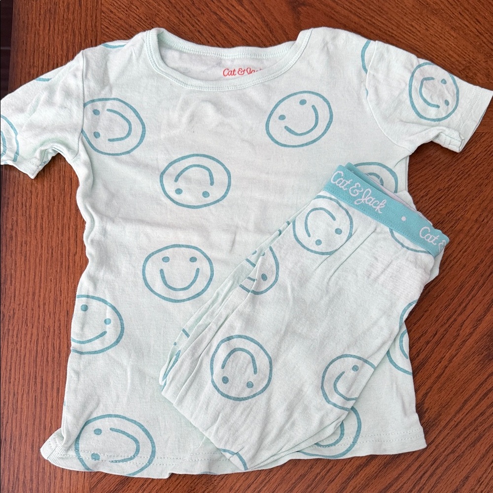 Cat & Jack Smiley Face Tee and Pants Set - Light Blue on Cream